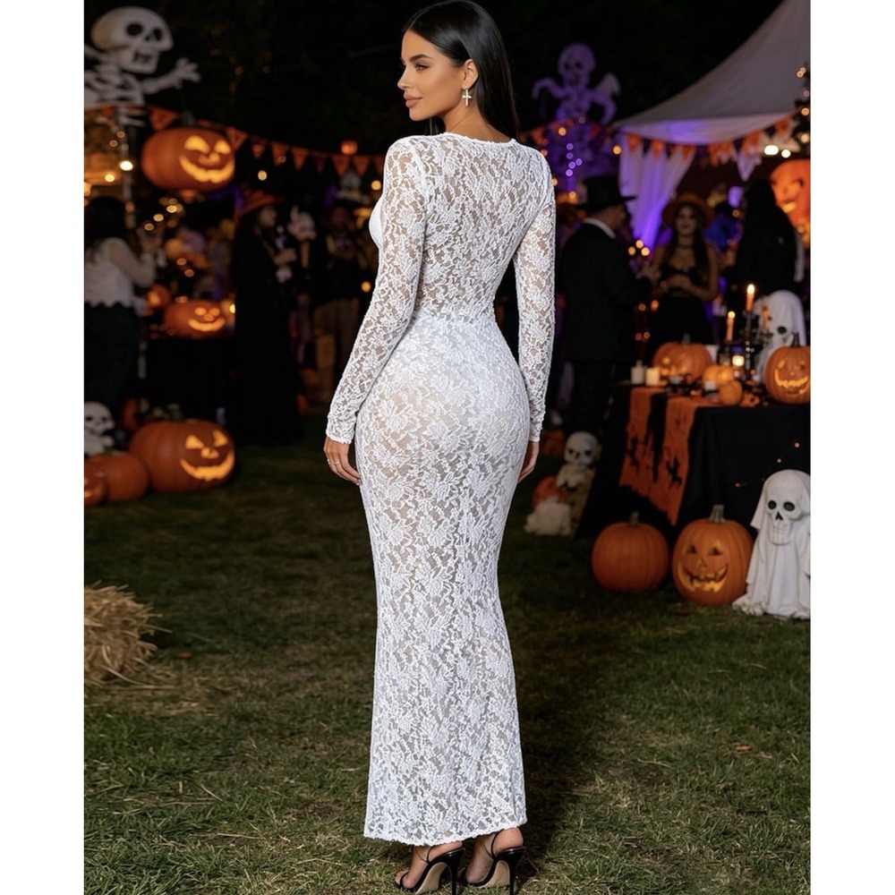 J0177-White Floral Lace Maxi Dress Long Sheer Mesh Gown Beach Cover Up Medium - Picture 4 of 5